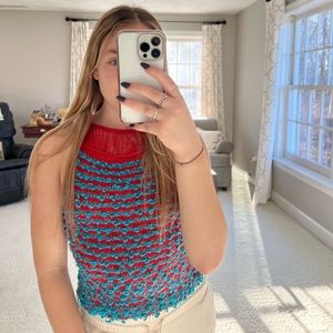 red and blue hand knit tank top